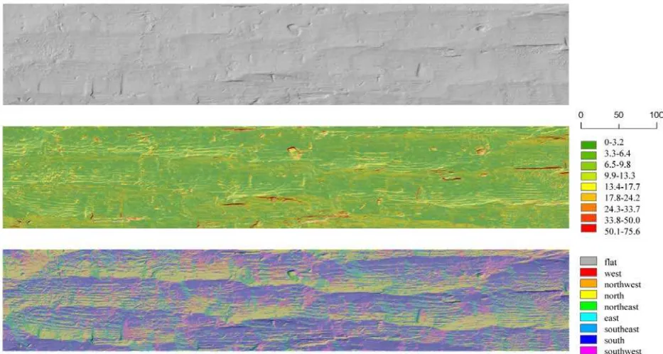 Figure 8.  Surface analysis of the archaeological find in mm (up: hillshade model, middle: slope analysis, down: aspect analysis) 