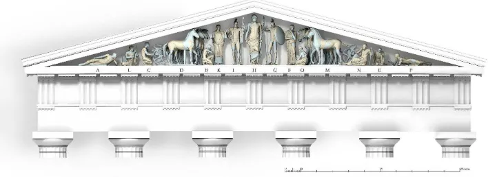 Figure 3. The most commonly accepted reconstruction (open arrangement "A") of the pediment (after Herrmann 1972 fig