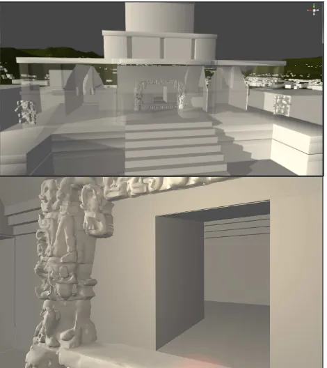 Figure 9: View of the Copan Temple 22 as LoD3: (only) the temple model has a higher level of detail, the outer shell of the temple contains 3D elements and the corner masks, which are simplified models derived from laser scanner acquisitions
