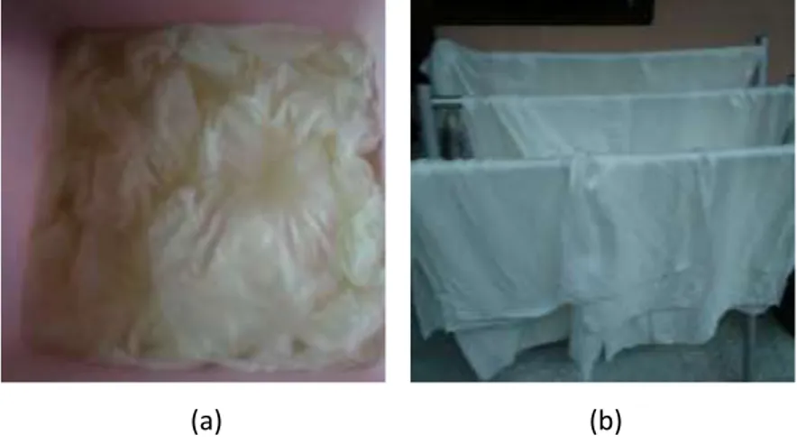 Gambar 1. Mordanting kain (a) perendaman kain; (b) penjemuran kain  Mordanting Kertas 