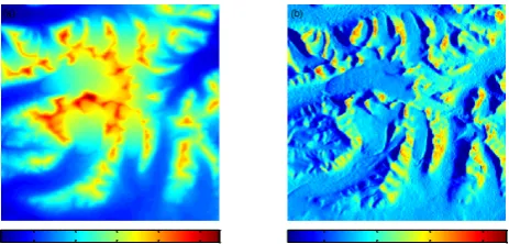 Figure 1 satellite images of the Donglemadi Basin. (a)Pauli-(a)                                                (b) baesed colored PolSAR image; (b) the optical image (from Google Earth) 