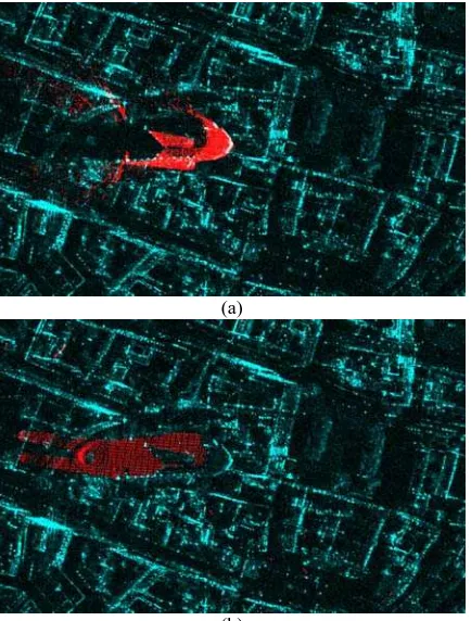 Figure 8.  TerraSAR-X image (cyan) overlapped with reflection (b) area (a) and shadow area (b) of single building (red)  