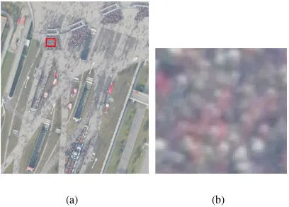 Figure 1: (a) Stadium1 test image from our airborne image se-quence including both crowded and sparse people groups, (b)Closer view of a crowded region in Image1.