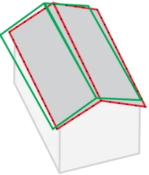 Figure 4: Fitting algorithm used in this research. Wire frameedges (in green), edge lines (in red), sampling points (with blackdots) are also shown.