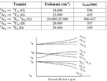 Tabel 2. Energi Transisi dan Panjang Gelombang Maksimum Konfigurasi Elektron d5 dalam Medan Ligan Oktahedral (Day and Selbin, 1985) 