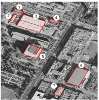 Figure 5: The numeration of buildings for Tables 1, 2. The resultof image matching is marked by red color