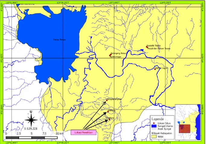 Gambar 8. Peta lokasi tiga situs megalitik yang terletak di sebelah tenggara Danau Tempe Kabupaten Wajo