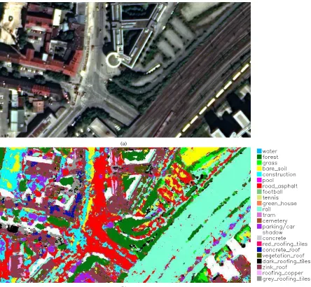 Figure 3: A region of the classiﬁcation map (INFOFUSE): (a) visible range multispectral image (bands 5,3,2), (b) fusion and classiﬁ-cation by INFOFUSE (this region contains several of the 23 classes)