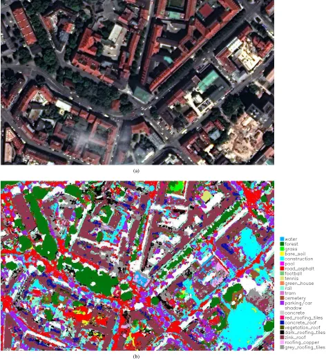 Figure 4: A region of the classiﬁcation map (INFOFUSE): (a) visible range multispectral image (bands 5,3,2), (b) fusion and classiﬁ-cation by INFOFUSE (this region contains several of the 23 classes)