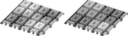 Figure 3: Synthetical DSMs, top: 3D view, bottom DSM; left:rectangular buildings (32 m), center: industry buildings (112 m),right: urban blocks (80 m × 112 m, each block 16 m); all streetsbetween buildings 32 m
