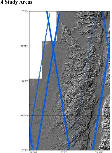 Figure 1. GLAS measurements overlaid on top of a shaded  relief map of Israel (Hall, 1994) – 31º07'-32º57'N in latitude and 33º 58'-35º39'E in longitude