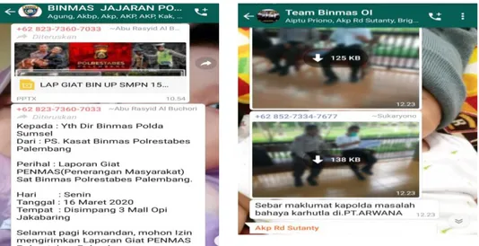 Gambar 1.1 Bentuk Laporan Hasil Kerja yang dikirim ke Pimpinan melalui  Media Sosial Grup Whatsap Binmas dan Polres Ogan Ilir 