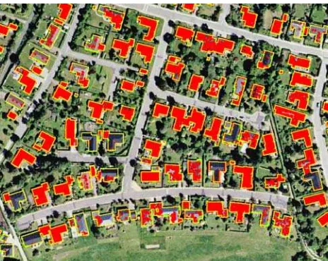 Figure 4. Orthoimage and vector map are used to select suitable roofs. Note that not all of the roofs contain footprints (red areas) 