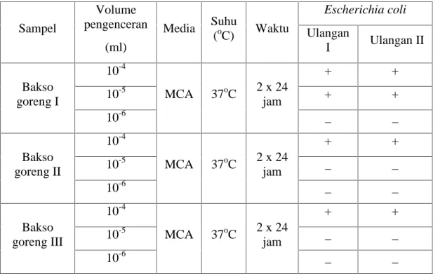 Tabel 4.4 Hasil Identifikasi Bakteri Escherichia coli pada media MCA
