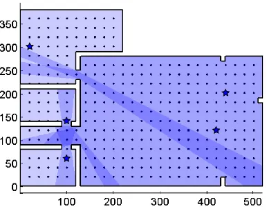 Figure 4: Visibility coverage of a complex room. 356 view points are used in the scene, depicted as black dots
