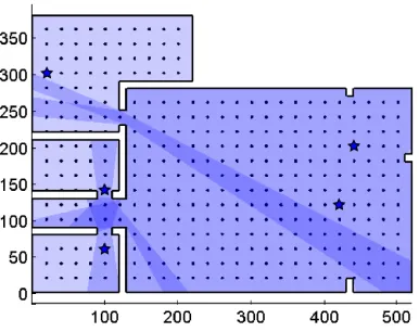 Figure 4: Visibility coverage of a complex room. 356 view points are used in the scene, depicted as black dots