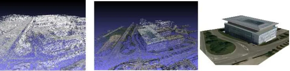Figure 3: EPFL BC building: bundle block adjustment mesh, colorized dense matching 3D points, geolocalized reﬁned textured model