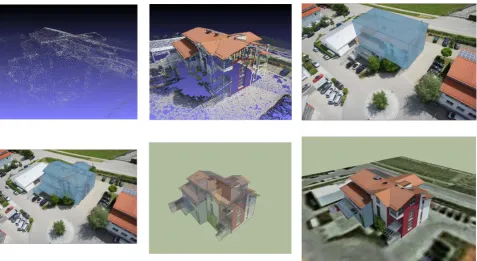 Figure 4: Main house dataset. From left to right, top to bottom: bundle block 3D points, dense matching colorized 3D points, boxmodel on top of registered image, untextured 3D reﬁned model on top of registered image, textured reﬁned 3D model with translucidfaces, textured reﬁned 3D model