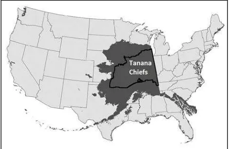 Figure 1.  Map comparing the area of the Tanana Chiefs Conference (thick black line), Alaska (dark gray), relative to the 