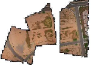 Figure 12: Two views of 3D model of Las Cruces test site (400 x100 m): (1) is topview of terrain (2) is view from approximately60◦ above horizon (insets show wireframe model and frame withdraped images)