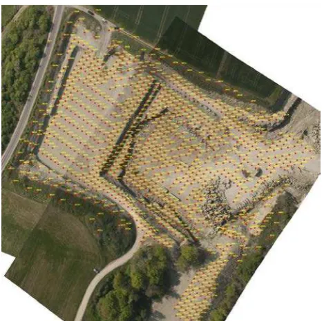 Figure 2. Quarry serving as test field. Red dots representing the location of 1042 GCPs  