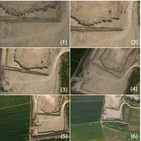 Figure 3. Aerial images of different flight altitudes used for quantification of the indirect sensor orientation accuracy  (1: 70m, 2: 100m, 3: 150m, 4: 200m, 5: 300m, 6: 550m) 