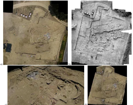 Figure 6: A mosaic over the excavation area in Pava (a), the derived DSM, shown in shaded mode (b), a closer view of the textured 3D model (c) and the produced orthoimage (d)
