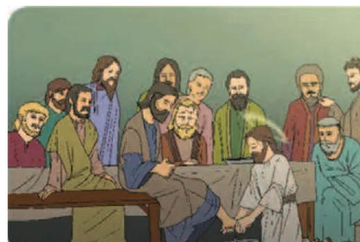 Gambar 11.1 Yesus membasuh kaki murid-murid-Nya sebagai simbol pelayanan dan kerendahan hati.