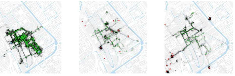 Figure 1. Tracking results of Tracking Delft: track and destinations. (left) visitors from parking garages, (middle) inhabitants of city centre, (right) inhabitants of surrounding district 
