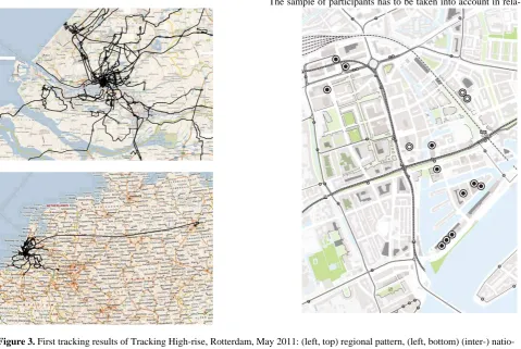 Figure 3. First tracking results of Tracking High-rise, Rotterdam, May 2011: (left, top) regional pattern, (left, bottom) (inter-) natio-nal pattern, (right) clusters of participating Highrise buildings (black dots)
