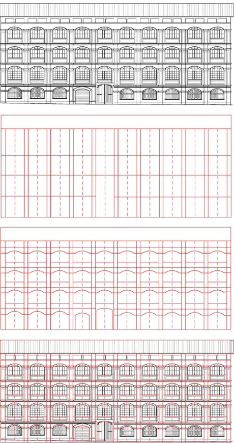 Figure  4:The  pictures  sequence  shows  the  different  2D  drawings structuring according to different scale of representation for a building façade