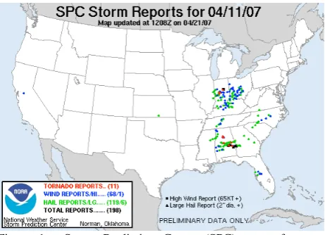 Figure 1.  Storm Prediction Center (SPC) map of severe weather reports for the 11 April 2007 case selected for this activity