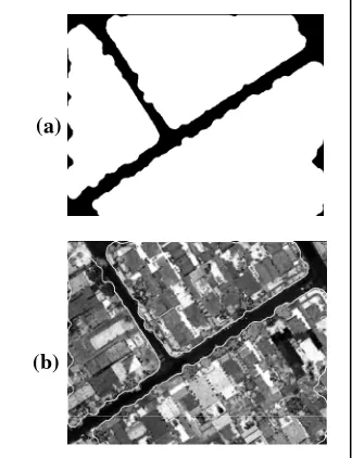 Figure 11.  (a) Block regions after application of the  morphological operators. (b) Block regions boundary overlaid on the intensity image