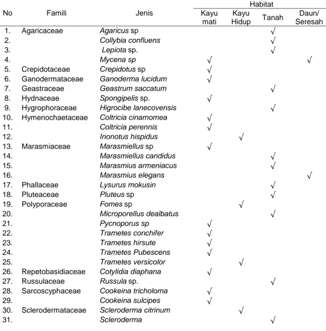 Tabel 1. Jenis-jenis jamur Makroskopis di KHDTK Pendidikan dan Pelatihan ULM