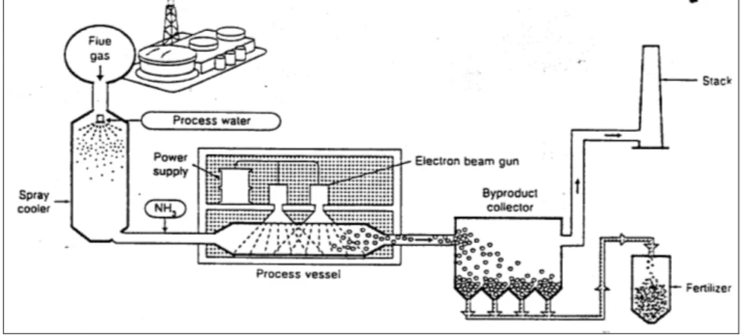 Gambar 3.  Skema proses berkas elektron untuk pengolahan gas buang.