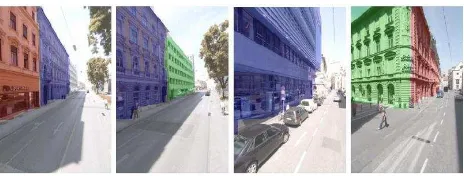 Figure 1:  Four examples of automatically segmented street side images into individual building facades