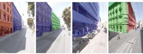 Figure 1:  Four examples of automatically segmented street side images into individual building facades