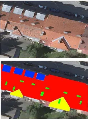 Figure 10: Extract of an orthophoto of our test data set and overlaid Segmentation of roofscape into different roof categories 