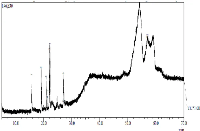 Gambar  1.  Kromatografi  Gas  Metil  Ester  dari  Biodiesel  pada  perbandingan  mol  reaktan 1:35, suhu 60  o C  dan katalis 1,5 %   Berdasarkan data GC, maka berbagai jenis  metil  ester  yang  ada  pada  biodiesel  dapat  ditentukan