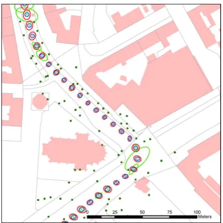 Figure 5. Positioning accuracy with filtered positions drawn as error ellipses for opening angle 100°, (blue: precise IMU, green: without IMU)