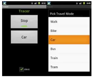 Figure 1. Graphical User Interface of the Tracer App: main view (left); and, travel-mode selection (right) 