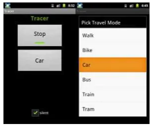 Figure 1. Graphical User Interface of the Tracer App: main view (left); and, travel-mode selection (right) 