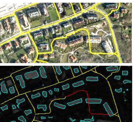 Figure 6: Redeveloped traffic circle identified by grassland detection (rejected roads = red, no decision = yellow)  