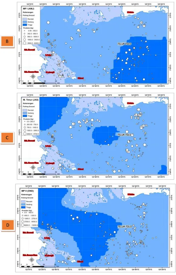 Gambar  11.  Peta  potensial  penangkapan  ikan  tuna  di  perairan  Teluk  Tolo  setiap  musim