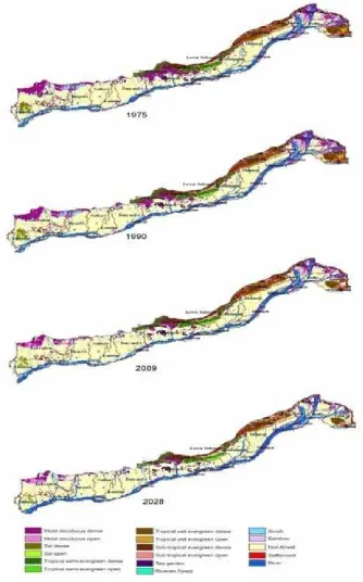 Fig. 1. Forest cover during 1975, 1990, 2009 and 2028 (predicted). 