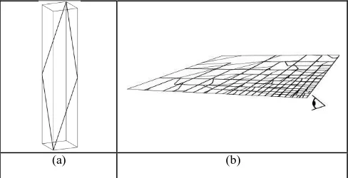 Figure 2. (a) Taking an arbitrary cross section in a 3D (2D space + 1D scale) cube leads to (b) a derived 2D representation that has mixed scale: close to the observer much detail is shown, while further away less detail is obtained