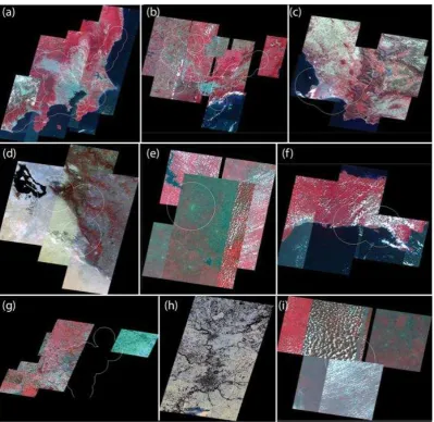Figure 2. Examples of the results of automated selecting the ASTER/VNIR images. The background images are false color composite of the merged ASTER/VNIR