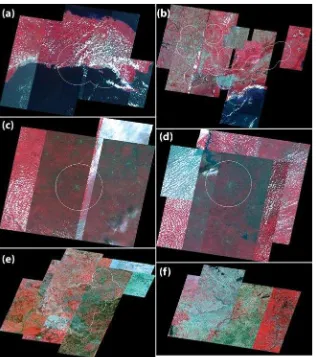 Figure 1. Examples of the results of manual selection of ASTER/VNIR images. The background images are false color composite of ASTER/VNIR