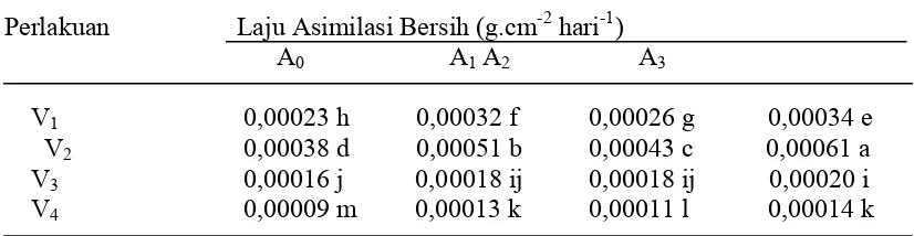 Tabel 9.  Varietas dan Amandemen terhadap Laju Asimilasi Bersih (g.cm-2 hari-1) Jagung Pengamatan 2 – 4 MST 