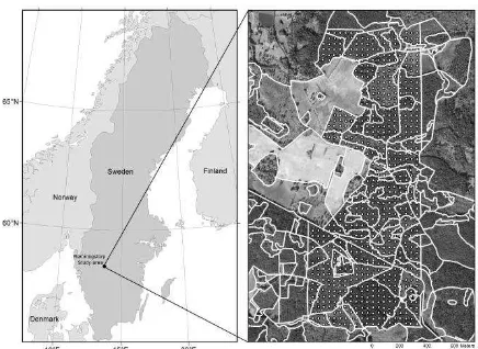 Figure 1. The Remningstorp test site (left) and orthophoto of the area including field plot positions and stand borders (right)
